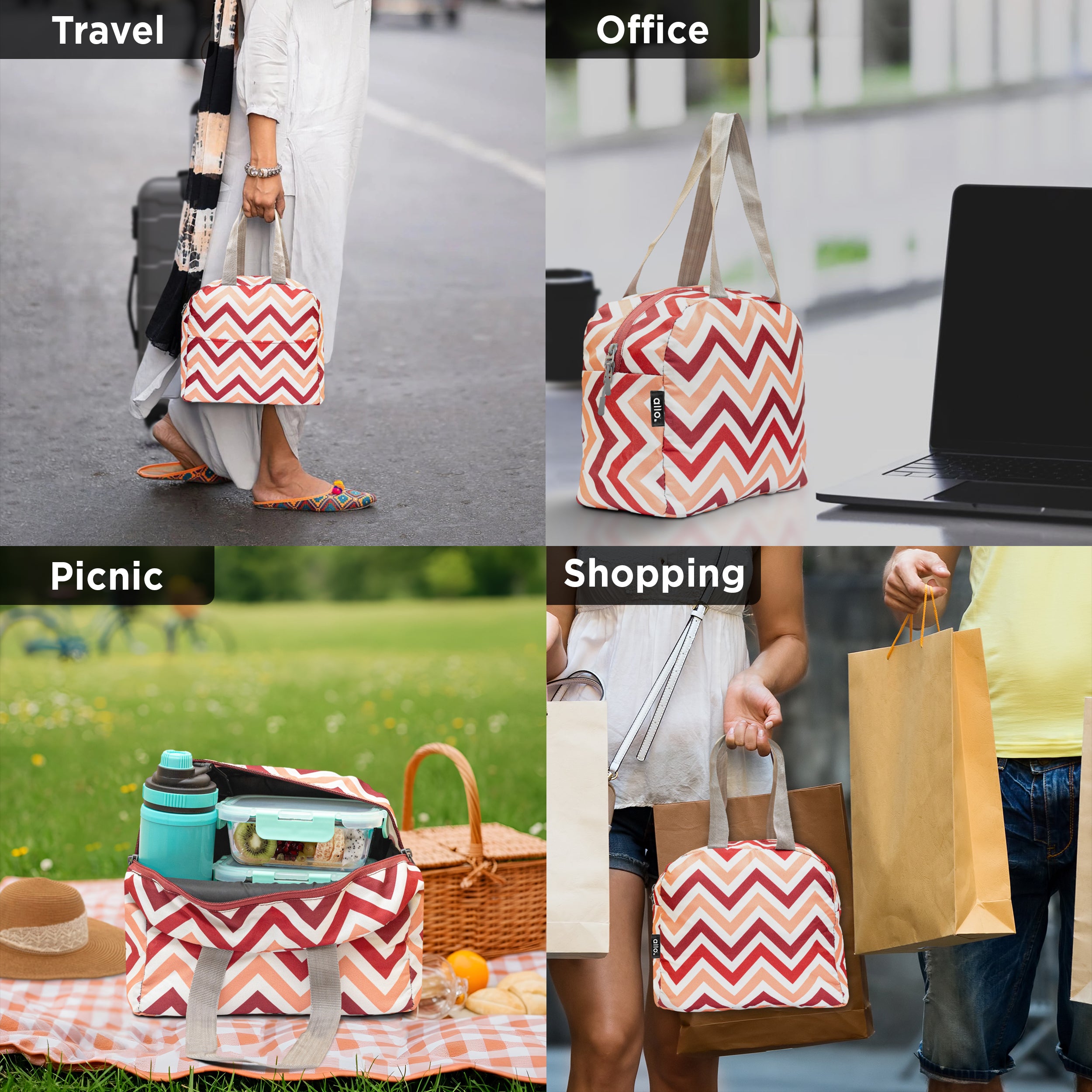Allo Lunch Bag for Office, School & College, Washable Unisex Tiffin Bag for Men, Women & Kids, Lightweight, Leakproof, Water and Dust Resistant Multipurpose Lunch Bag, 5 litres, Red Chevron
