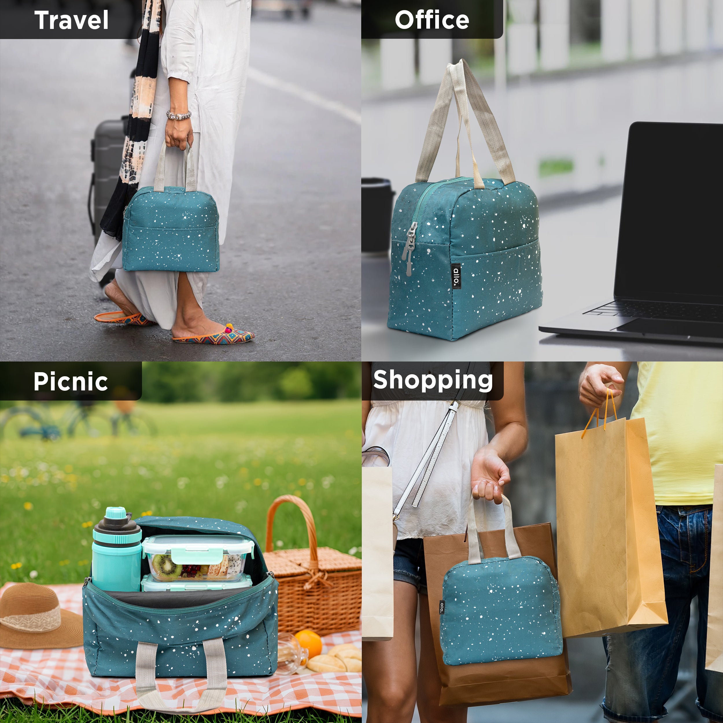 Allo Lunch Bag for Office, School & College, Washable Unisex Tiffin Bag for Men, Women & Kids, Lightweight, Leakproof, Water and Dust Resistant Multipurpose Lunch Bag, 5 litres, Teal Spalsh