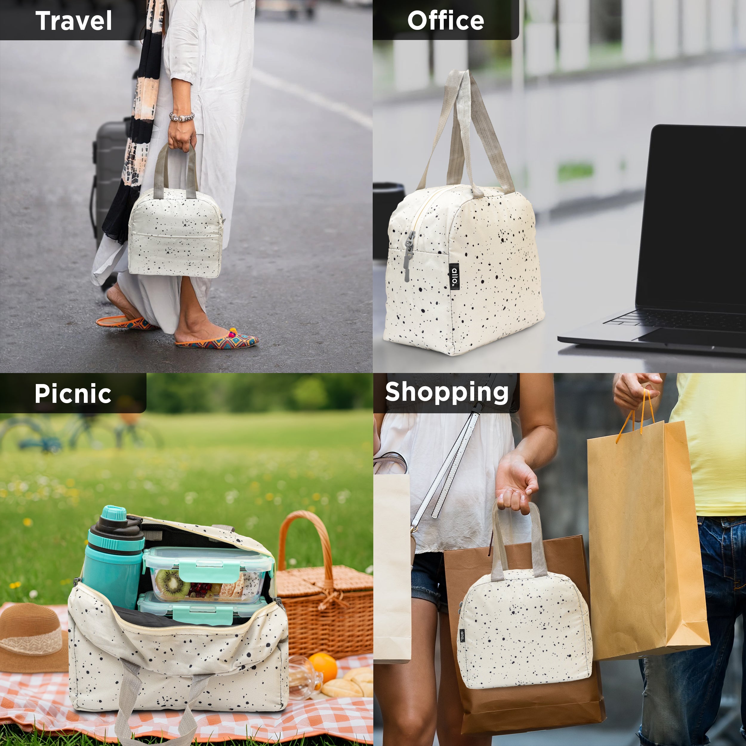 Allo Lunch Bag for Office, School & College, Washable Unisex Tiffin Bag for Men, Women & Kids, Lightweight, Leakproof, Water and Dust Resistant Multipurpose Lunch Bag, 5 litres, White Spalsh