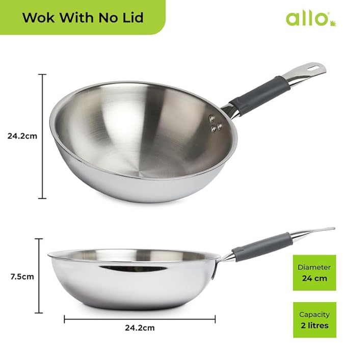 2.7L Allo CookSafe TriPly Wok | Stainless Steel | Induction Friendly | 24cm