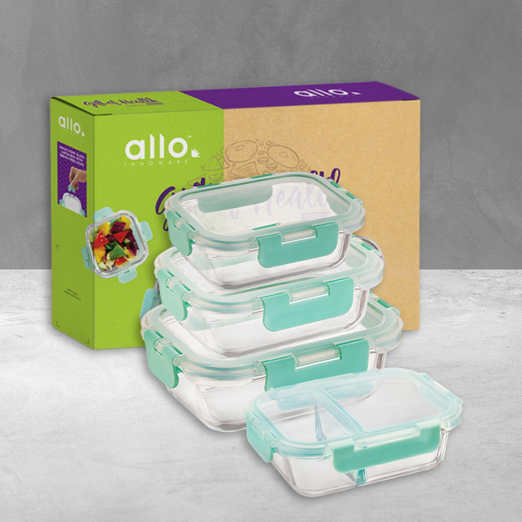 580ml, 370ml, 640ml, 1040ml Allo FoodSafe Microwave Oven Safe Glass Container Gift Box Combo 4pc with Break Free Detachable Lock - Allo Innoware