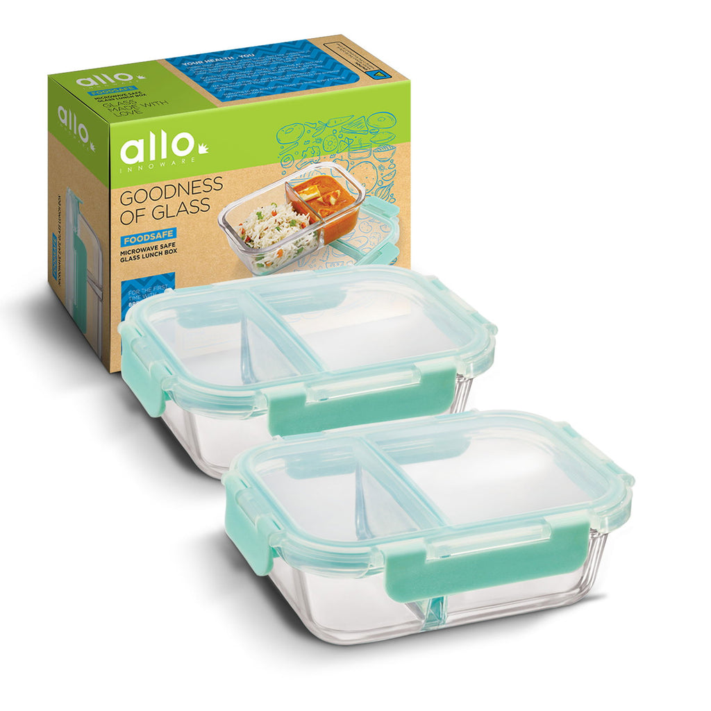 580ml Allo FoodSafe Microwave Oven Safe Glass Lunch Box with Break Free Detachable Lock Set of 2 - Allo Innoware