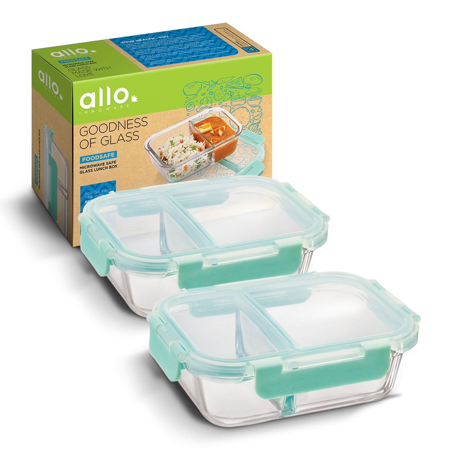 580ml Allo FoodSafe Microwave Oven Safe Glass Lunch Box with Break Free Detachable Lock Set of 2 - Allo Innoware