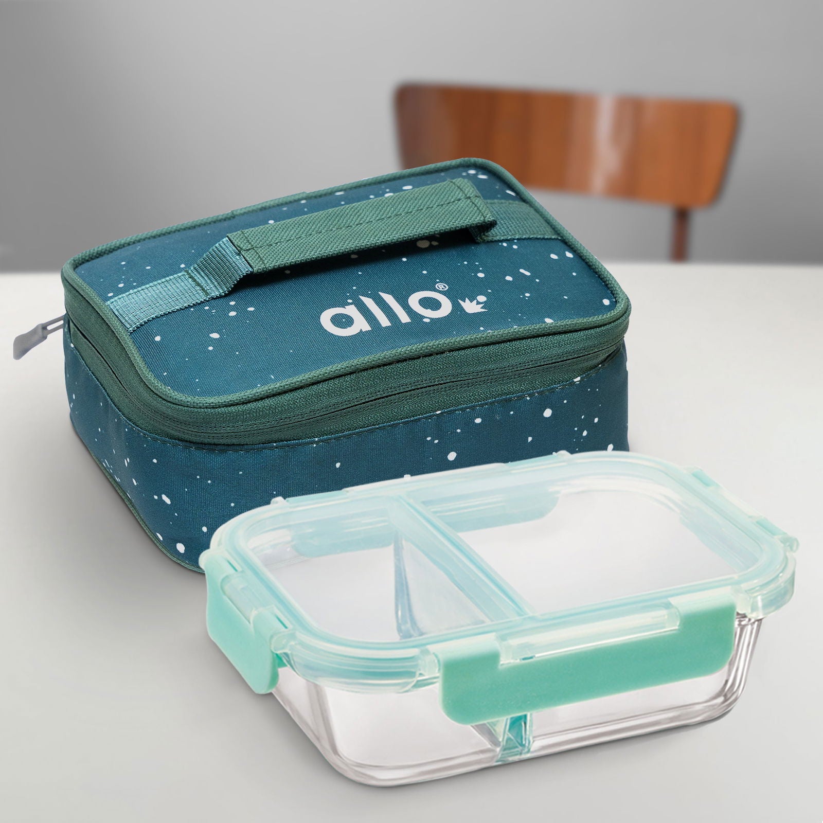 580ml Allo FoodSafe Microwave Oven Safe Glass Lunch Box with Break Free Detachable Lock with Green Splash Bag Tiffin - Allo Innoware