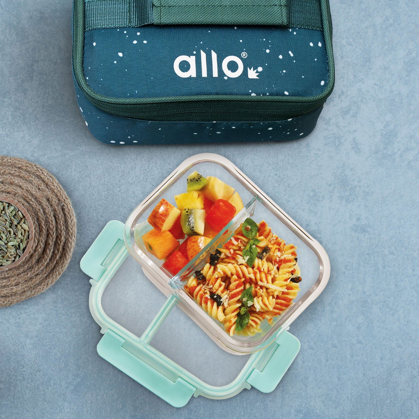 580ml Allo FoodSafe Microwave Oven Safe Glass Lunch Box with Break Free Detachable Lock with Green Splash Bag Tiffin - Allo Innoware