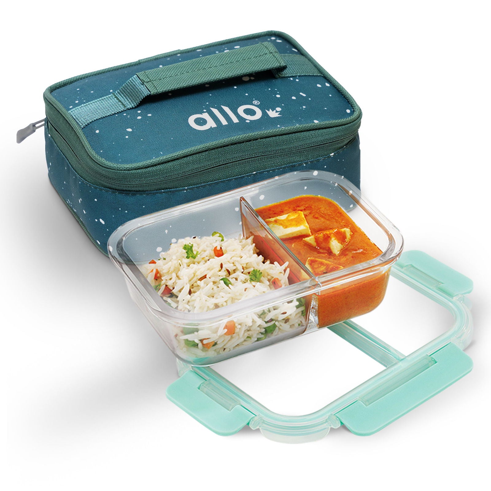 580ml Allo FoodSafe Microwave Oven Safe Glass Lunch Box with Break Free Detachable Lock with Green Splash Bag Tiffin - Allo Innoware