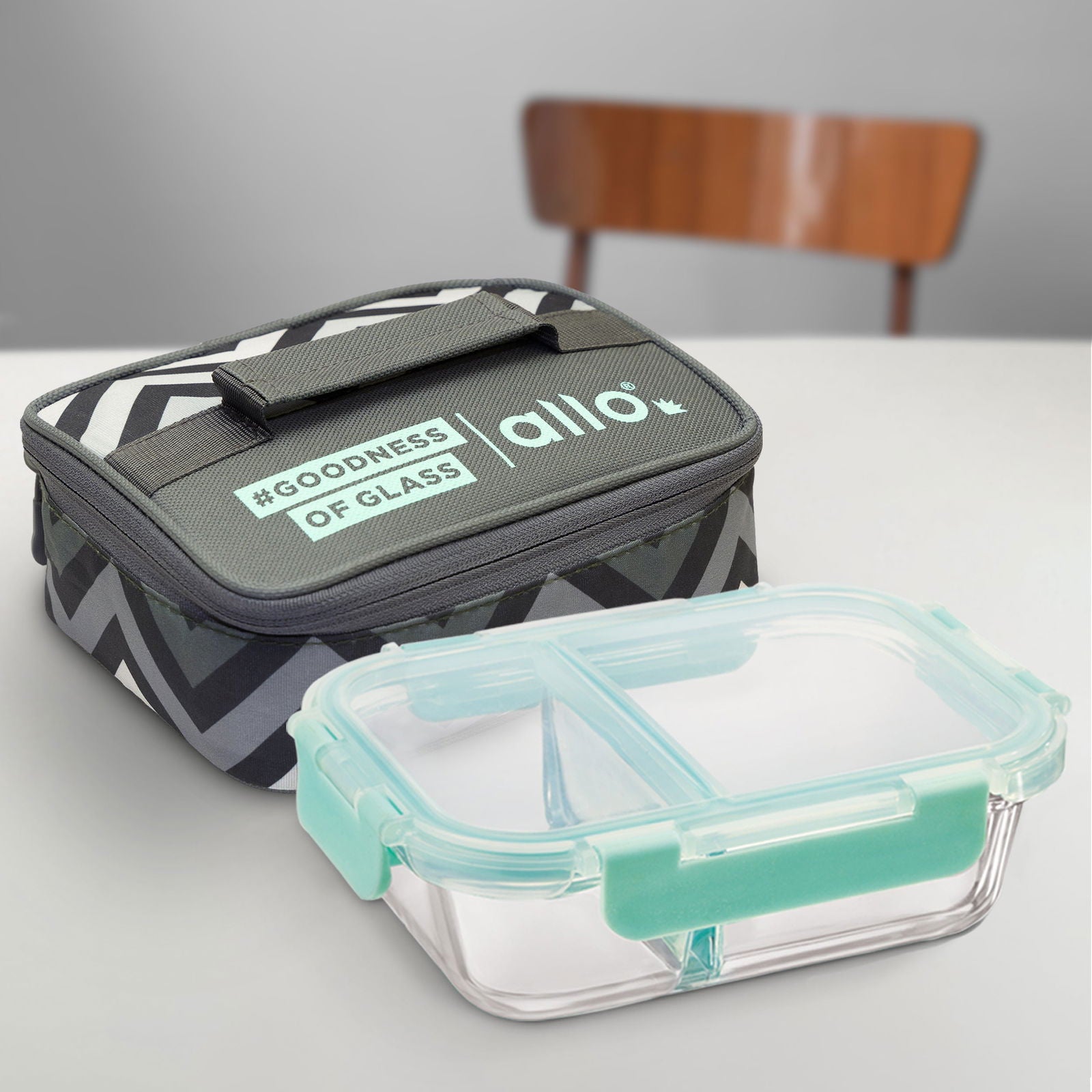 580ml Allo FoodSafe Microwave Oven Safe Glass Lunch Box with Break Free Detachable Lock with Grey Chevron Bag Tiffin - Allo Innoware