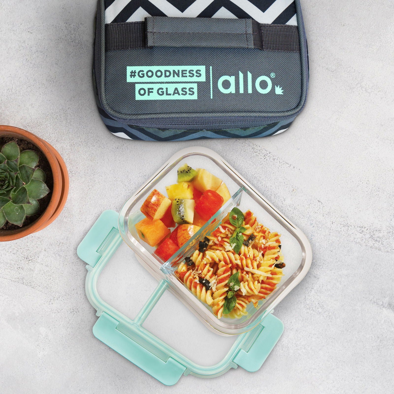 580ml Allo FoodSafe Microwave Oven Safe Glass Lunch Box with Break Free Detachable Lock with Grey Chevron Bag Tiffin - Allo Innoware