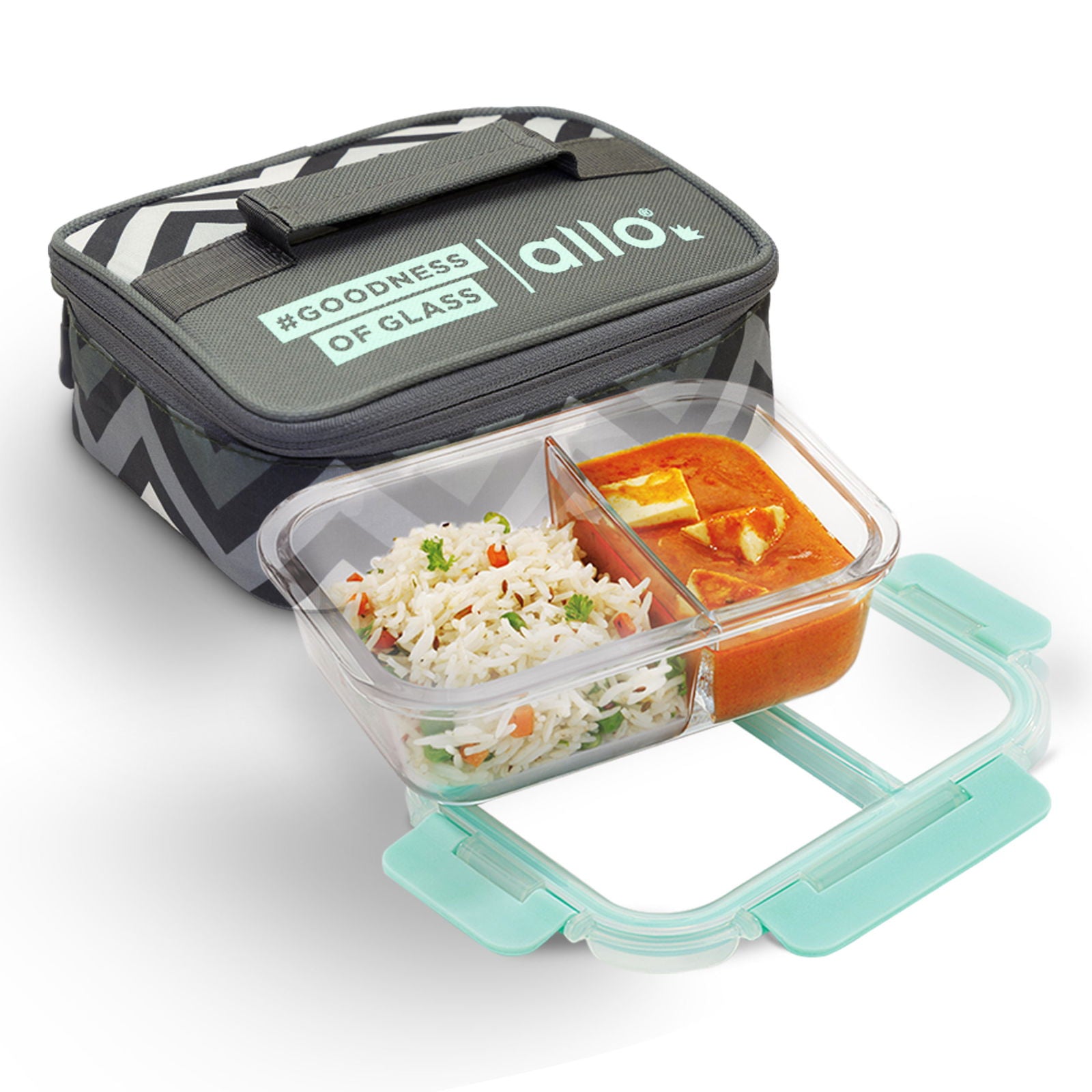 580ml Allo FoodSafe Microwave Oven Safe Glass Lunch Box with Break Free Detachable Lock with Grey Chevron Bag Tiffin - Allo Innoware