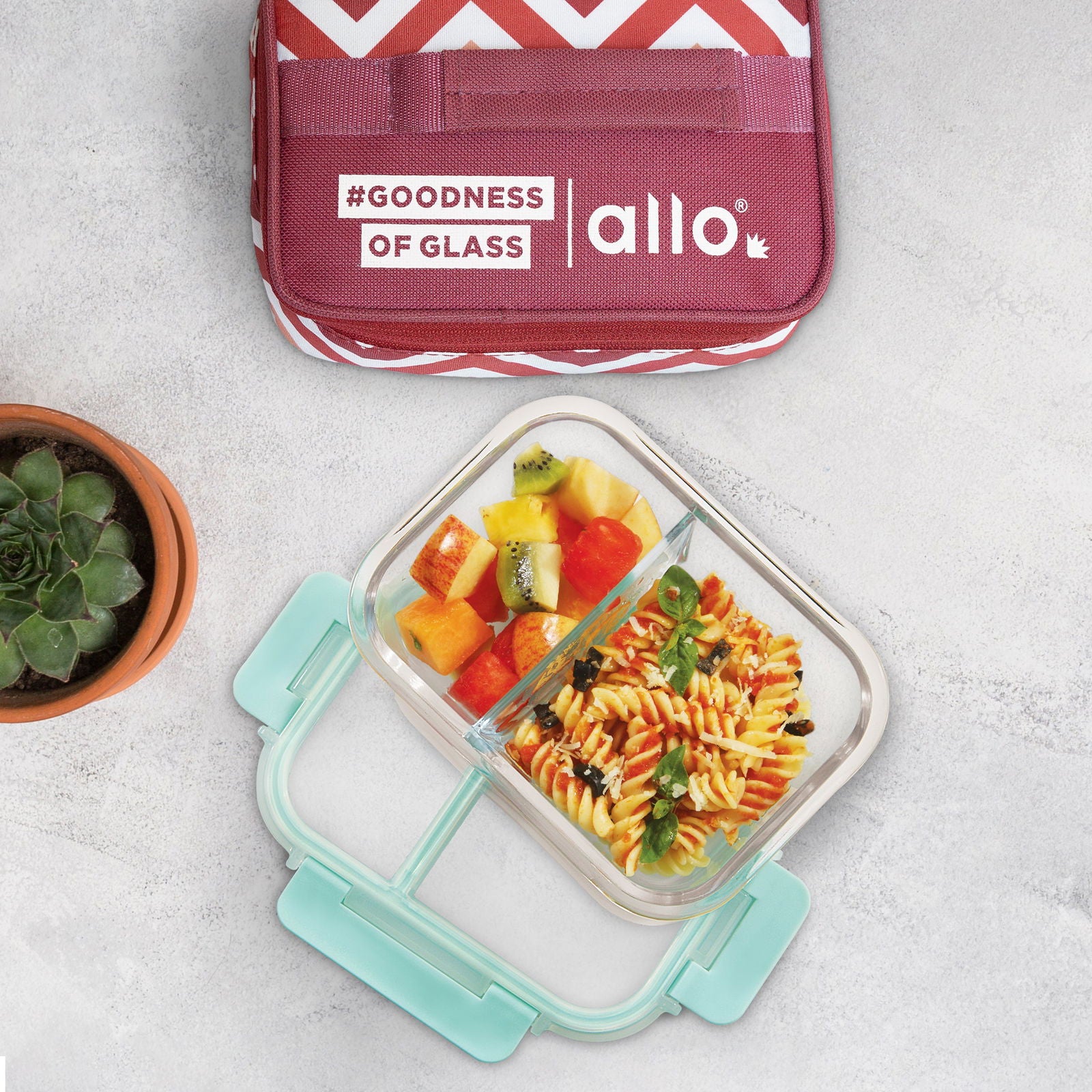 580ml Allo FoodSafe Microwave Oven Safe Glass Lunch Box with Break Free Detachable Lock with Red Chevron Bag Tiffin - Allo Innoware