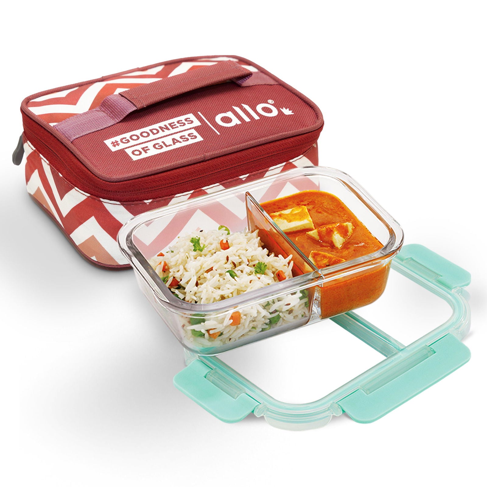 580ml Allo FoodSafe Microwave Oven Safe Glass Lunch Box with Break Free Detachable Lock with Red Chevron Bag Tiffin - Allo Innoware