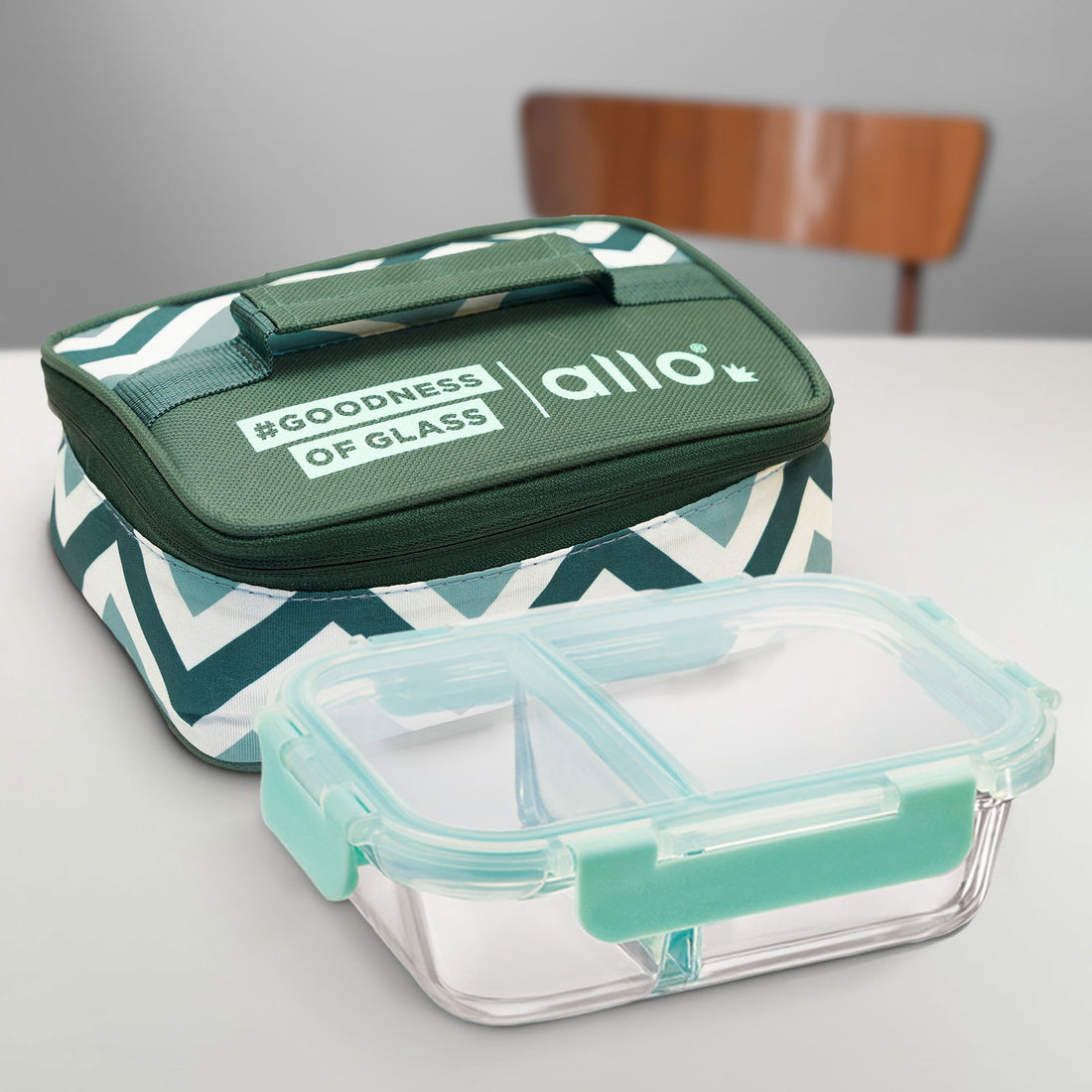 580ml Allo FoodSafe Microwave Oven Safe Glass Lunch Box with Break Free Detachable Lock with Teal Chevron Bag Tiffin - Allo Innoware