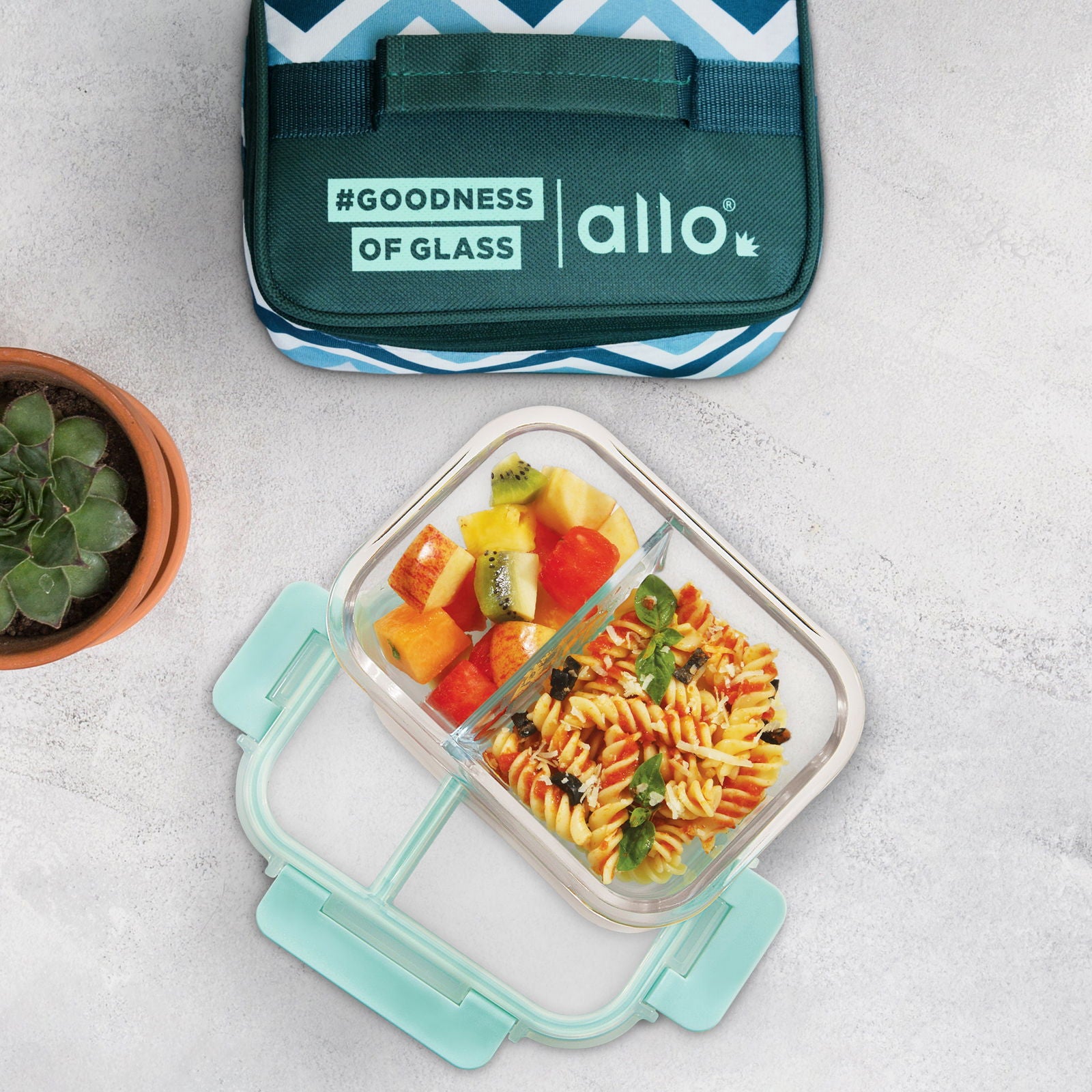 580ml Allo FoodSafe Microwave Oven Safe Glass Lunch Box with Break Free Detachable Lock with Teal Chevron Bag Tiffin - Allo Innoware