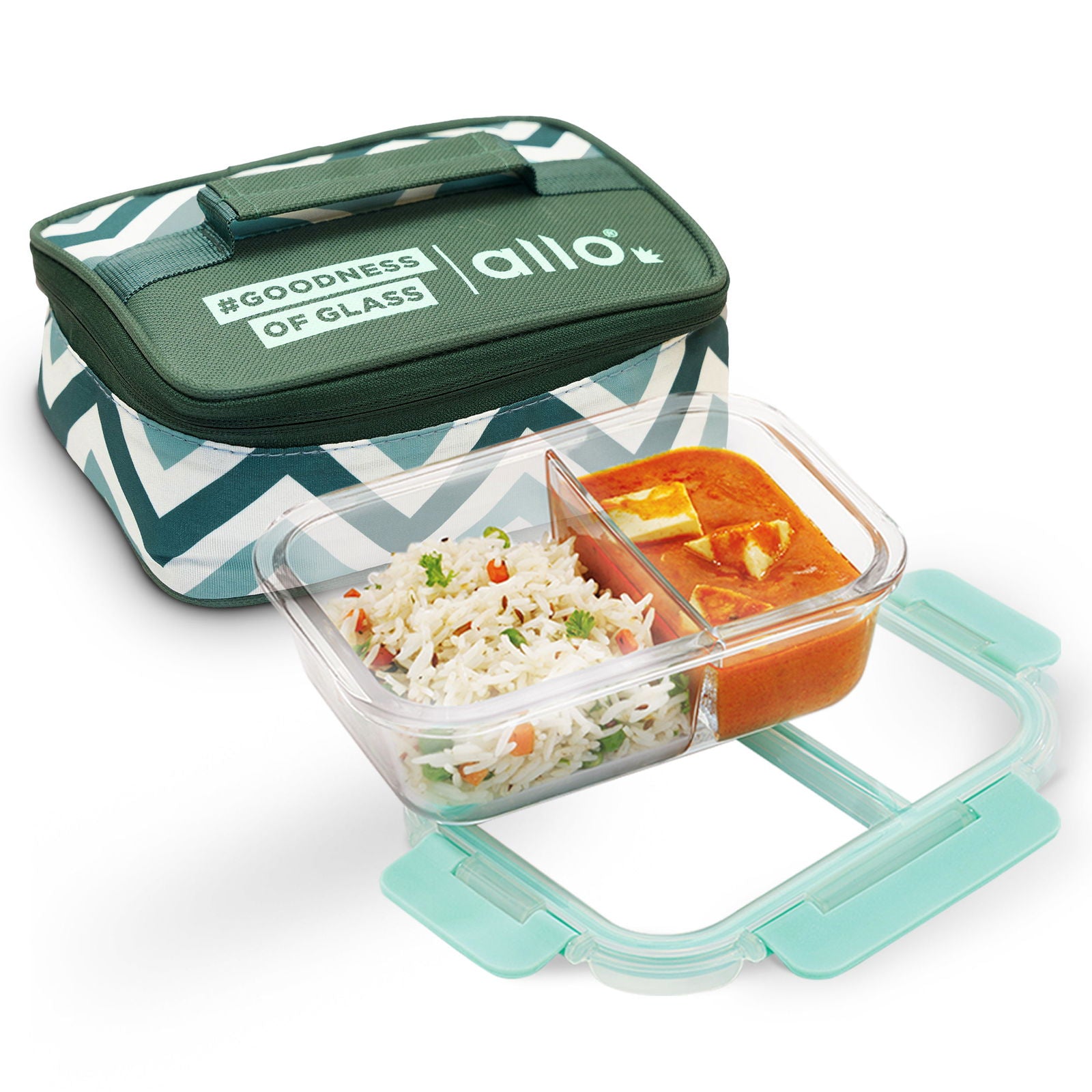 580ml Allo FoodSafe Microwave Oven Safe Glass Lunch Box with Break Free Detachable Lock with Teal Chevron Bag Tiffin - Allo Innoware