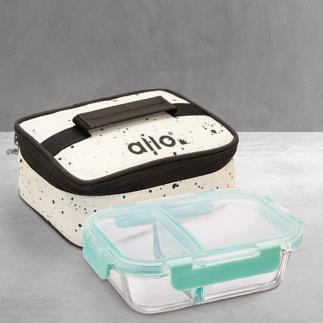580ml Allo FoodSafe Microwave Oven Safe Glass Lunch Box with Break Free Detachable Lock with White Splash Bag Tiffin - Allo Innoware