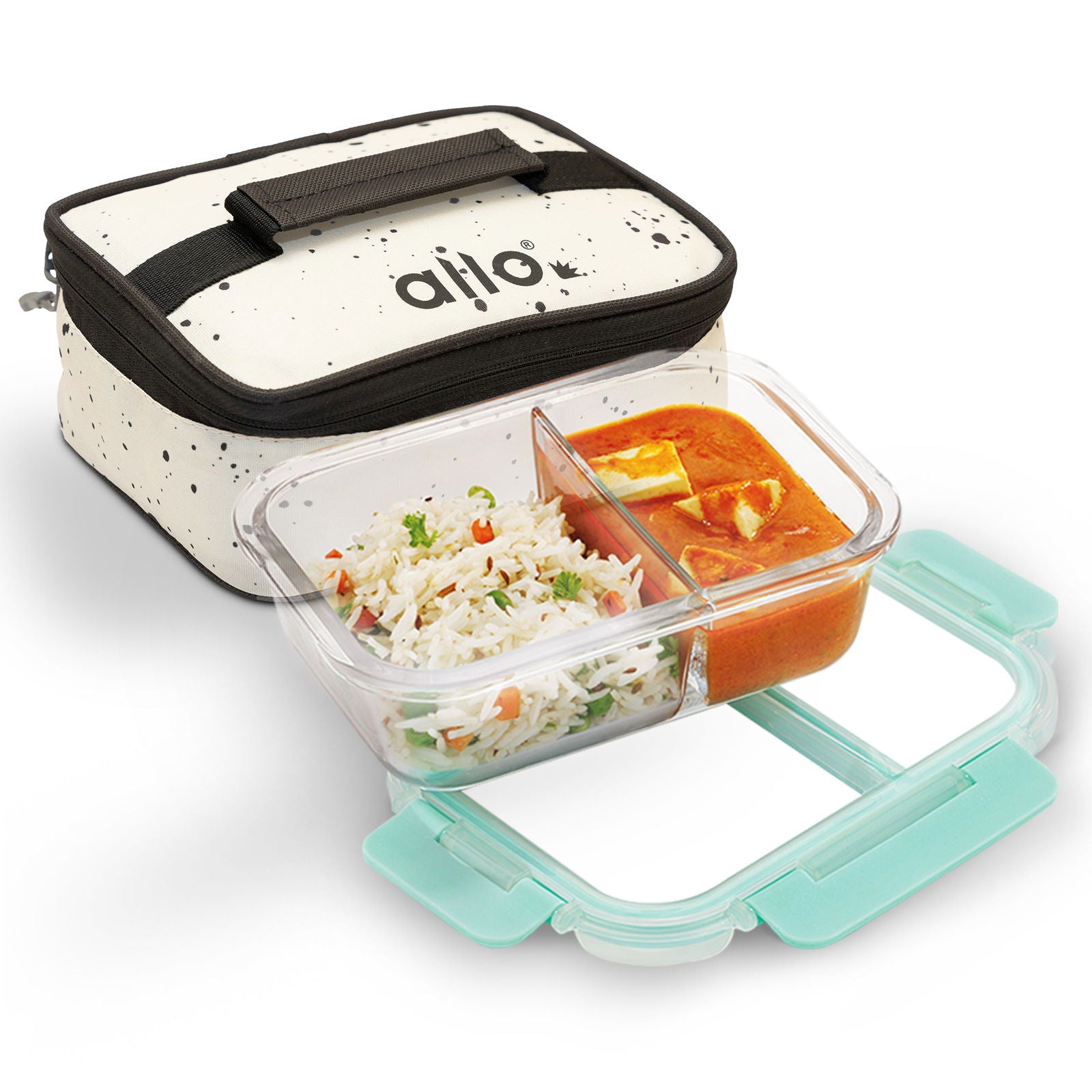 580ml Allo FoodSafe Microwave Oven Safe Glass Lunch Box with Break Free Detachable Lock with White Splash Bag Tiffin - Allo Innoware