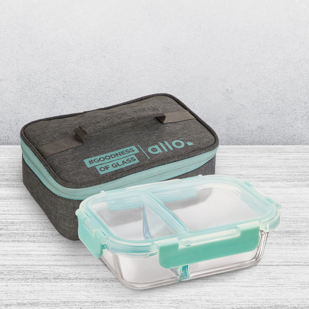580ml Allo FoodSafe Microwave Oven Safe Glass Lunch box with Break Free Detachable Lock with Canvas Grey Bag Tiffin - Allo Innoware