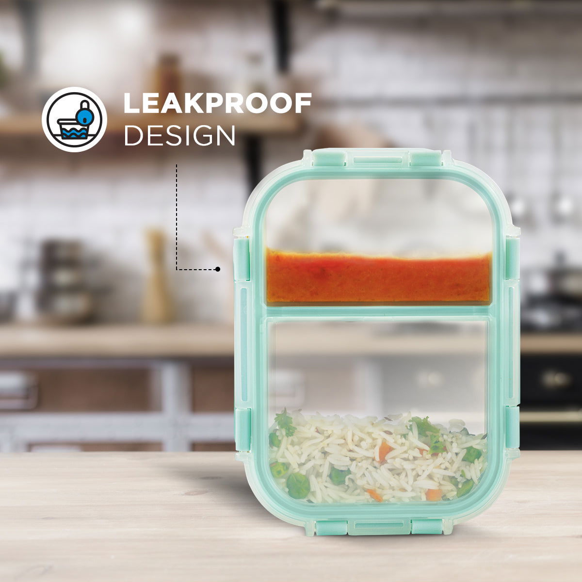 580ml Allo FoodSafe Microwave Oven Safe Glass Lunch box with Break Free Detachable Lock with Chevron Mint Bag Tiffin - Allo Innoware