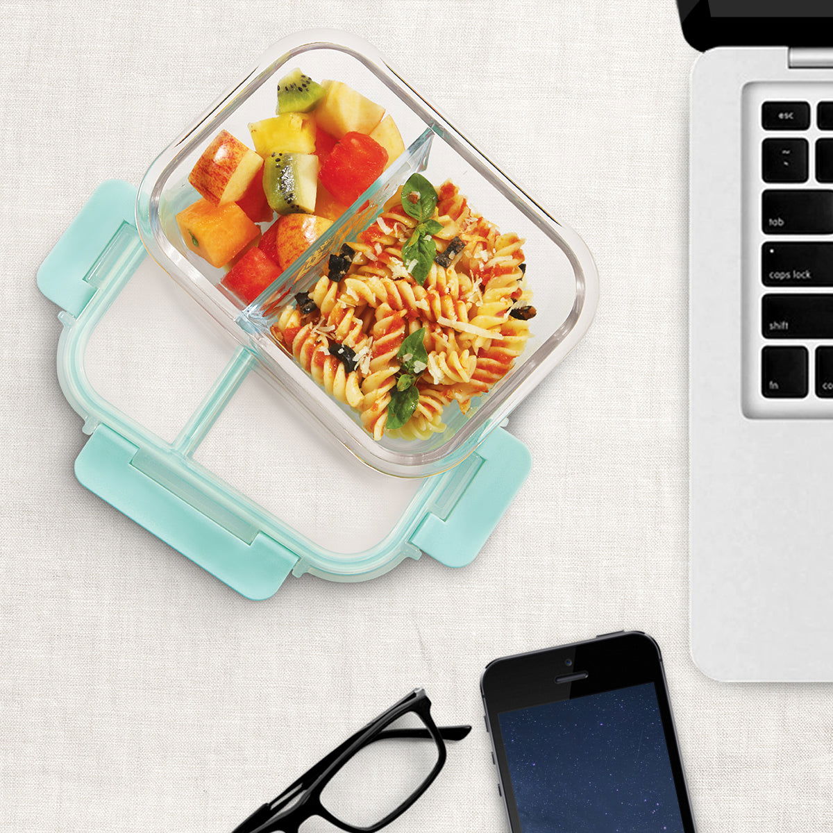 580ml Allo FoodSafe Microwave Oven Safe Glass Lunch box with Break Free Detachable Lock with Chevron Mint Bag Tiffin - Allo Innoware