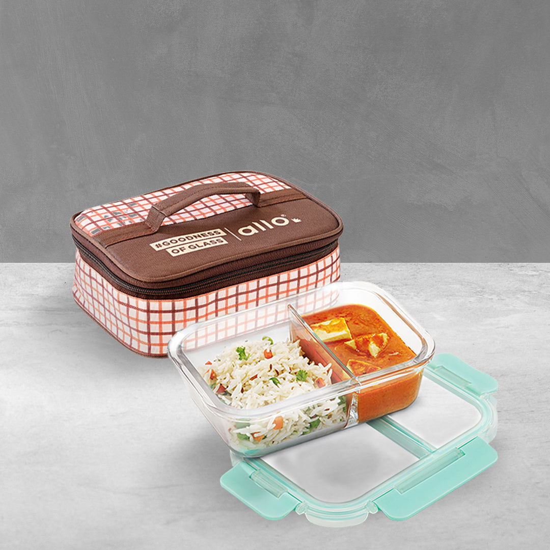 580ml Allo FoodSafe Microwave Oven Safe Glass Lunch box with Break Free Detachable Lock with Cocoa Brown Bag Tiffin - Allo Innoware