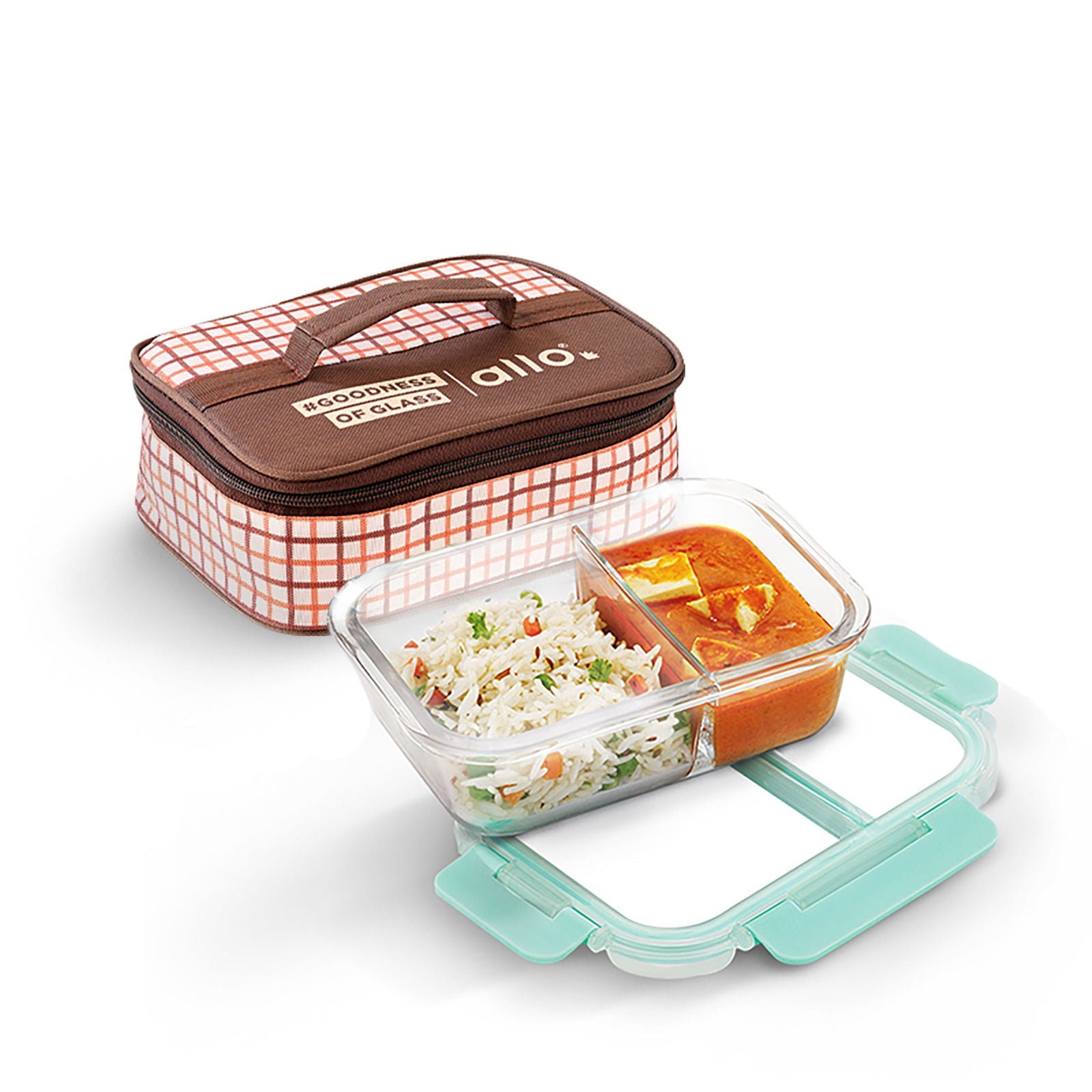 580ml Allo FoodSafe Microwave Oven Safe Glass Lunch box with Break Free Detachable Lock with Cocoa Brown Bag Tiffin - Allo Innoware