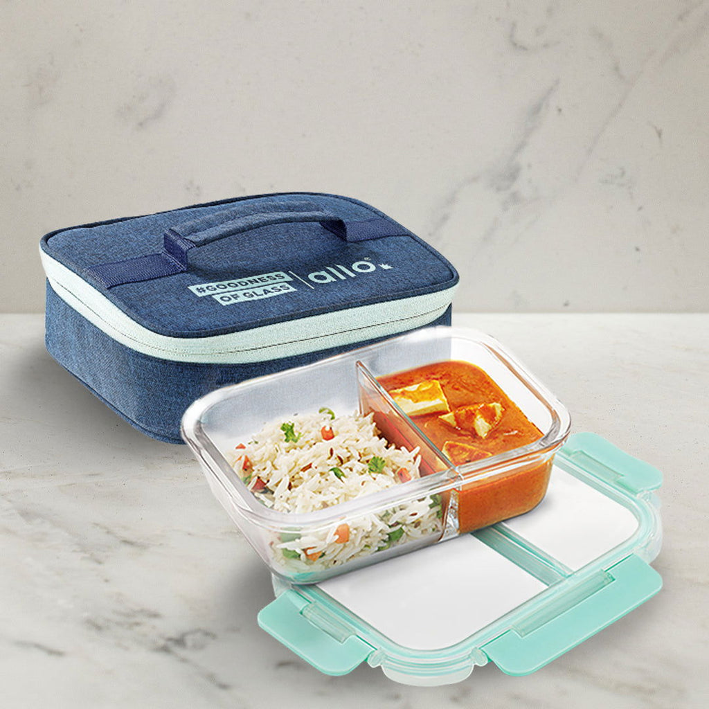 580ml Allo FoodSafe Microwave Oven Safe Glass Lunch box with Break Free Detachable Lock with Denim Blue Bag Tiffin - Allo Innoware