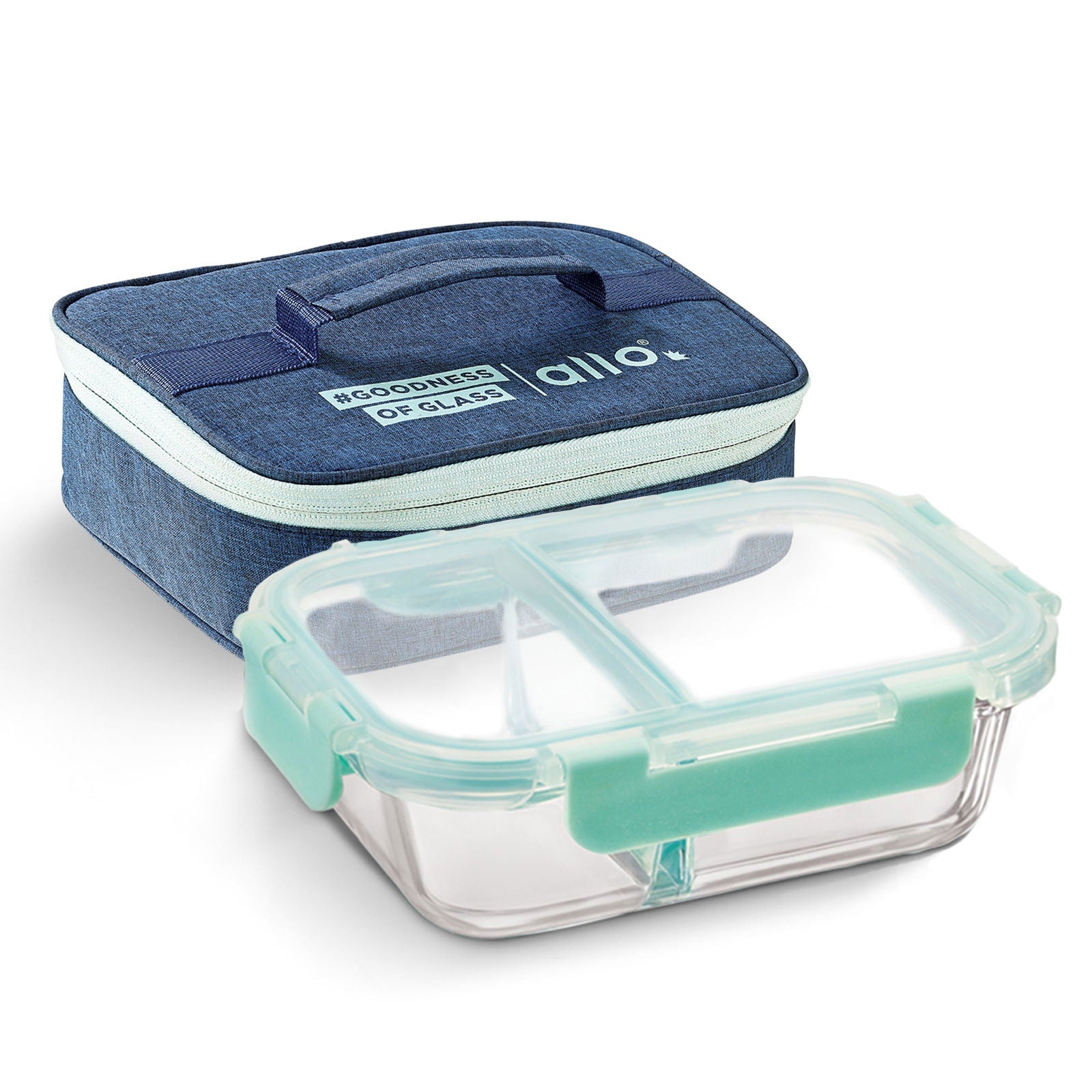 580ml Allo FoodSafe Microwave Oven Safe Glass Lunch box with Break Free Detachable Lock with Denim Blue Bag Tiffin - Allo Innoware
