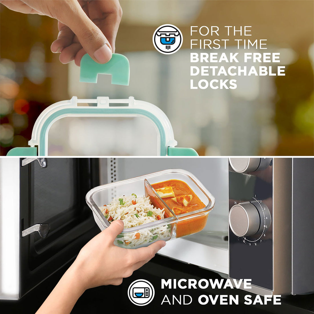 580ml Allo FoodSafe Microwave Oven Safe Glass Lunch box with Break Free Detachable Lock with Denim Blue Bag Tiffin - Allo Innoware