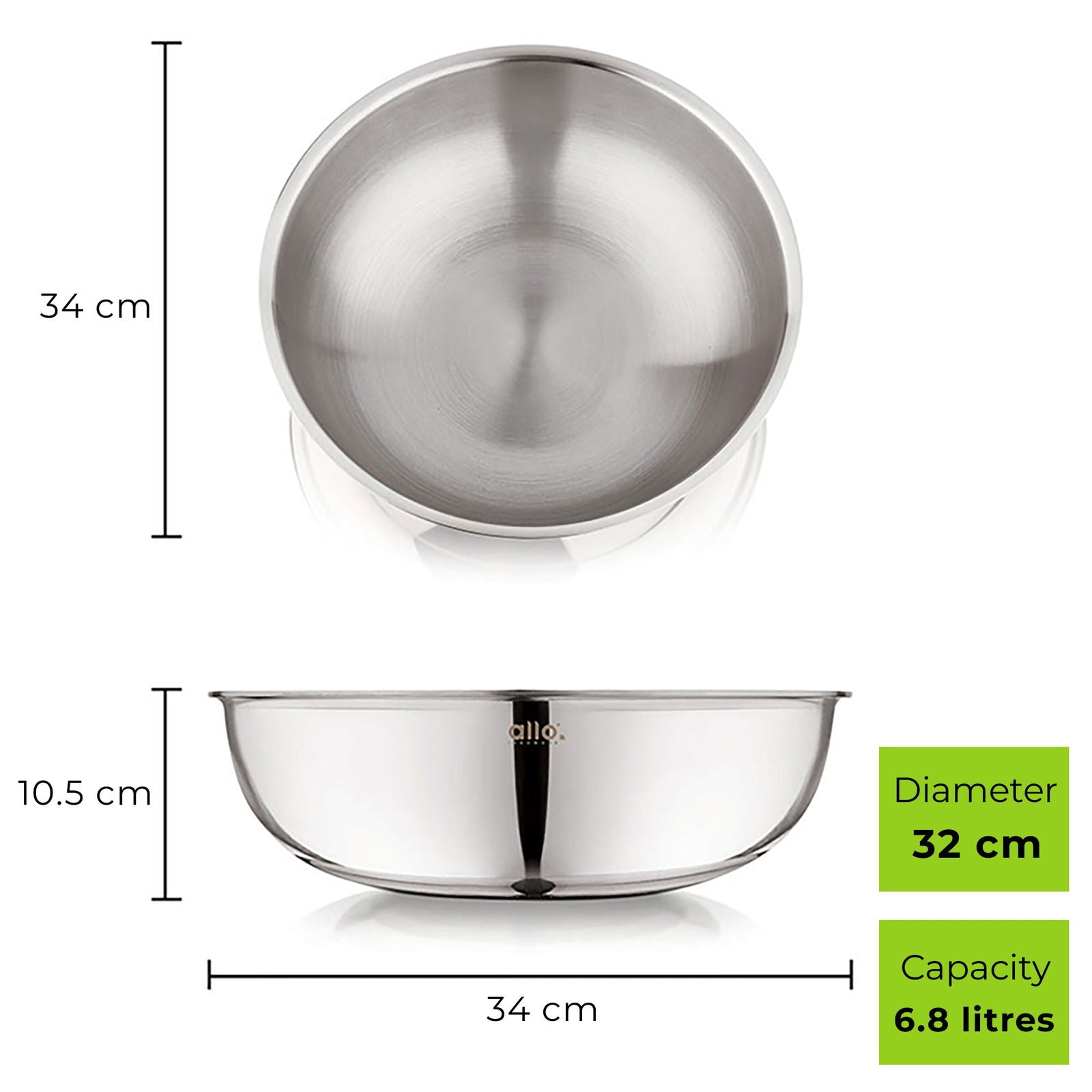 6.8L Allo CookSafe TriPly Tasla | Stainless Steel | Induction Friendly | 32 cm - Allo Innoware