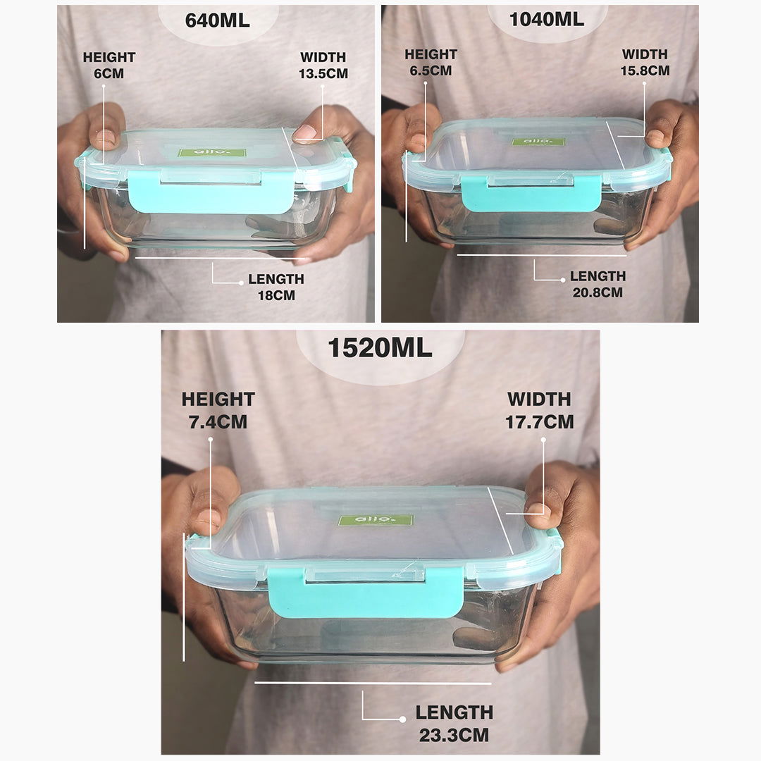 640ml, 1040ml, 1520ml Allo FoodSafe Microwave Oven Safe Glass Container with Break Free Detachable Lock - Allo Innoware