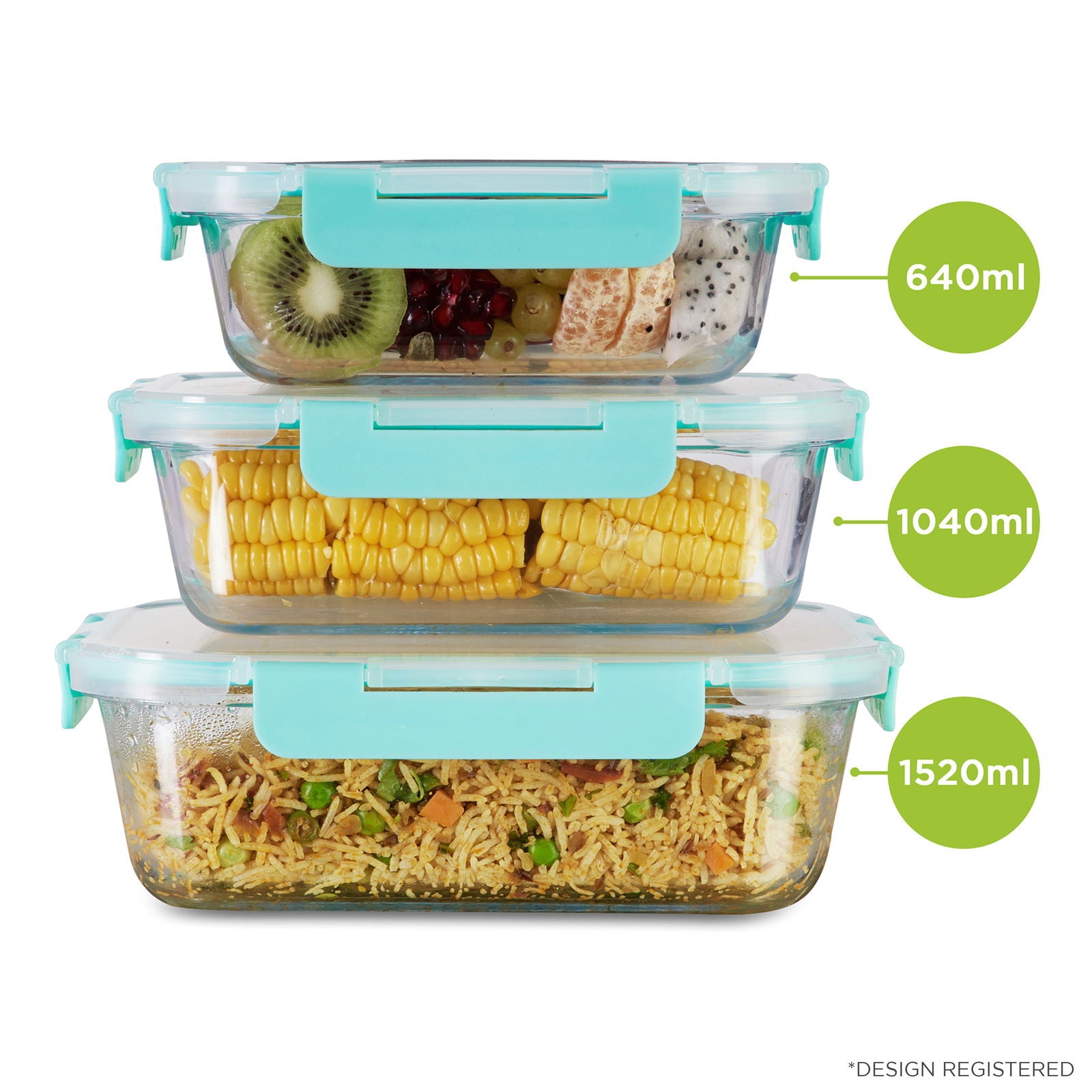 640ml, 1040ml, 1520ml Allo FoodSafe Microwave Oven Safe Glass Container with Break Free Detachable Lock - Allo Innoware
