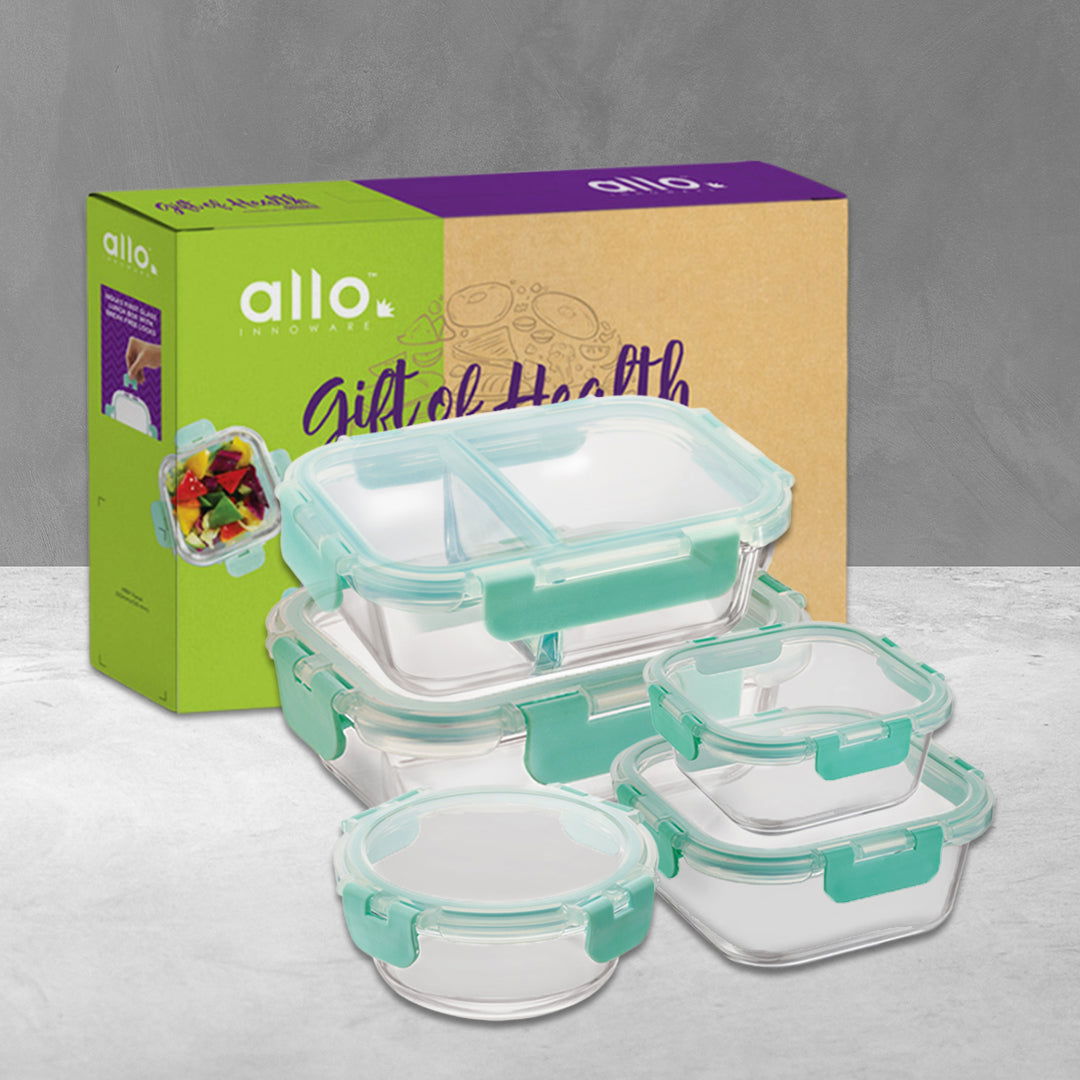 640ml, 580ml, 310ml, 520ml, 390ml Allo FoodSafe Microwave Oven Safe Glass Container Gift Box Combo 5pc with Break Free Detachable Lock - Allo Innoware
