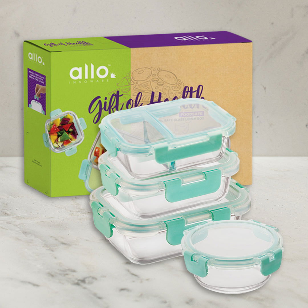 640ml, 580ml, 635ml, 1040ml Allo FoodSafe Microwave Oven Safe Glass Container Gift Box Combo 4pc with Break Free Detachable Lock - Allo Innoware