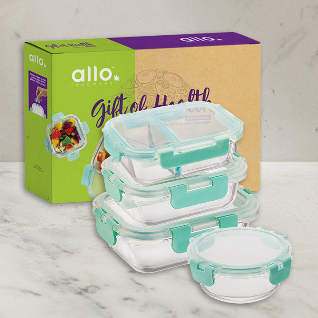 640ml, 580ml, 635ml, 1040ml Allo FoodSafe Microwave Oven Safe Glass Container Gift Box Combo 4pc with Break Free Detachable Lock - Allo Innoware