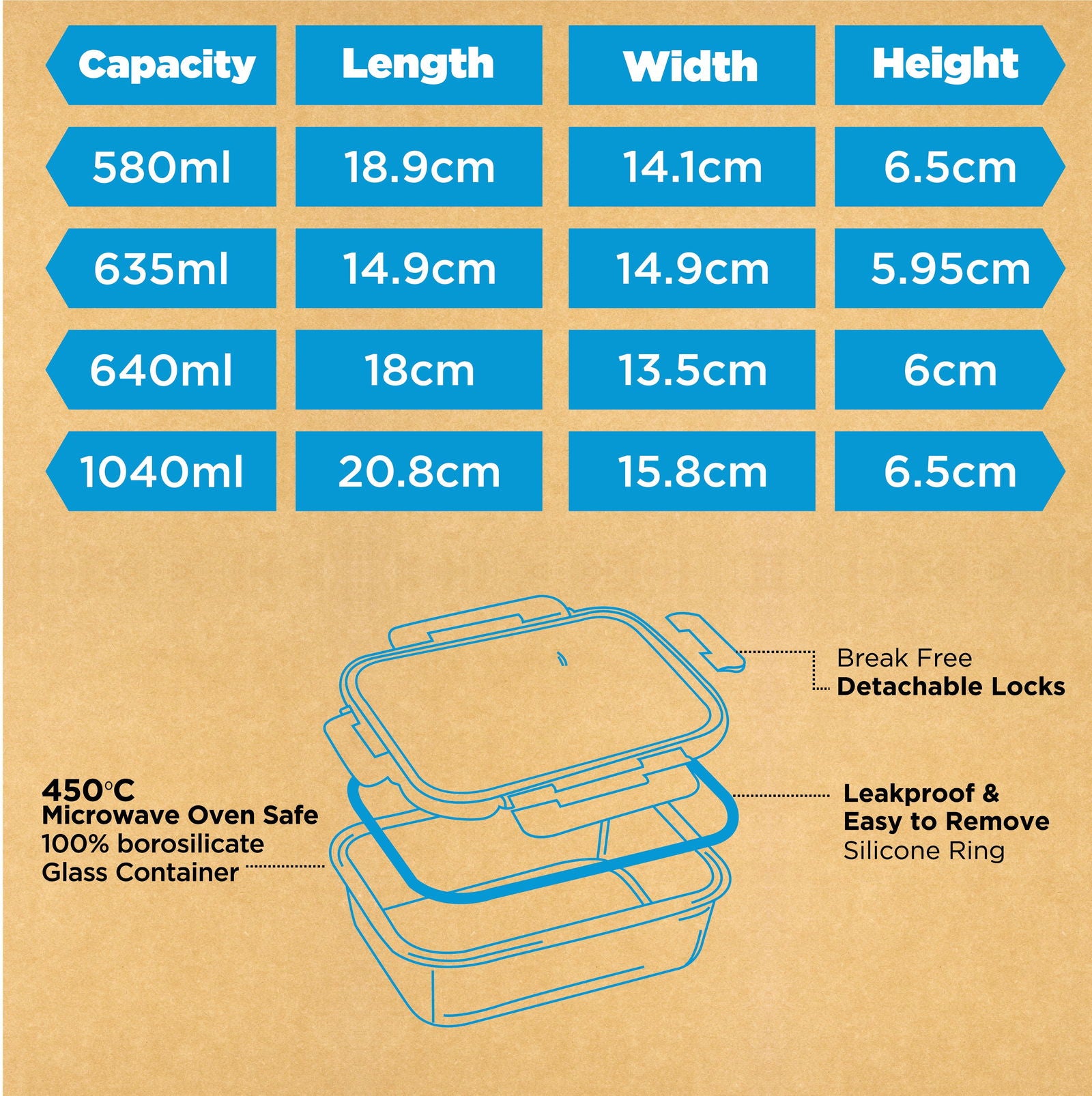 640ml, 580ml, 635ml, 1040ml Allo FoodSafe Microwave Oven Safe Glass Container Gift Box Combo 4pc with Break Free Detachable Lock - Allo Innoware