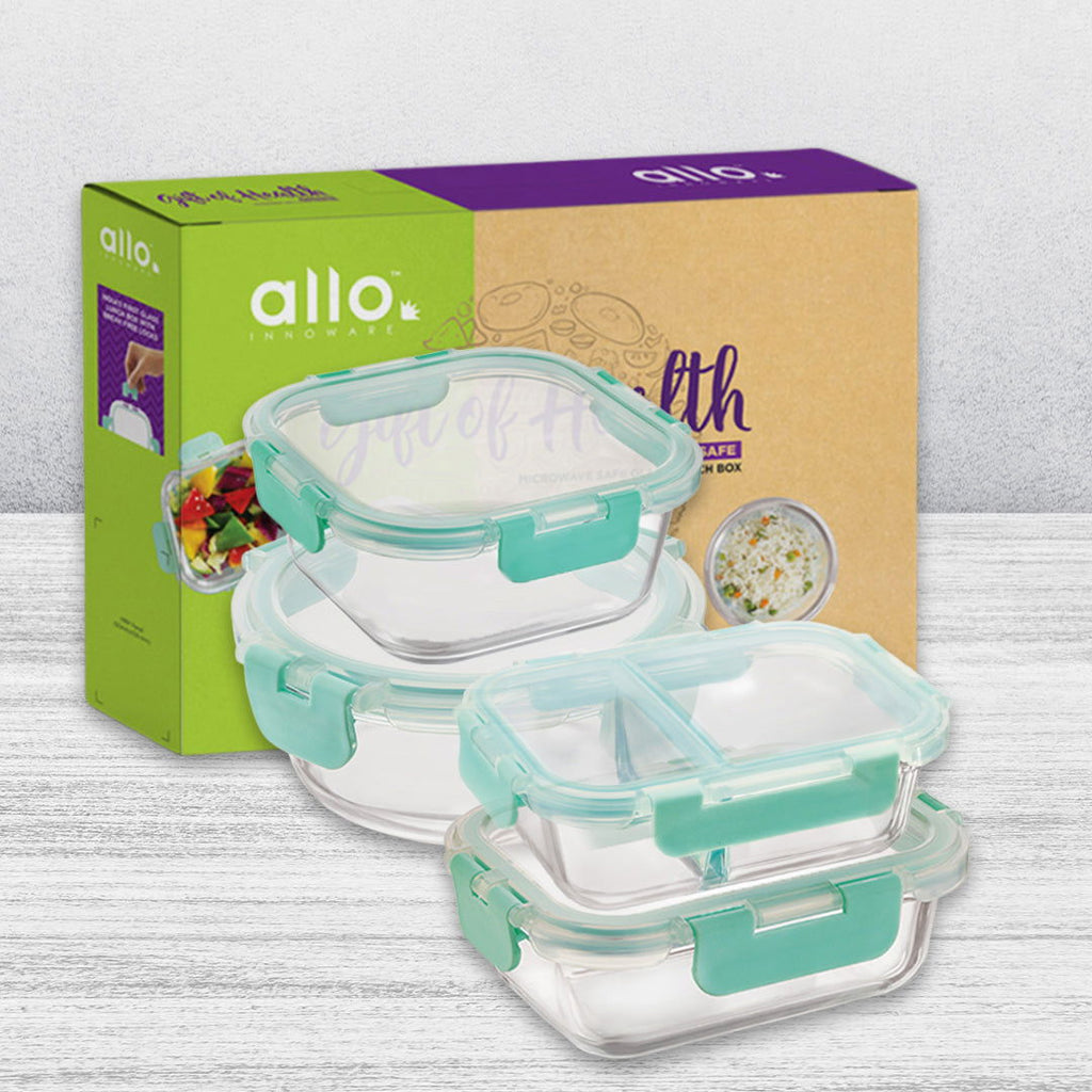 640ml, 580ml, 800ml, 930ml Allo FoodSafe Microwave Oven Safe Glass Container Gift Box Combo 4pc with Break Free Detachable Lock - Allo Innoware