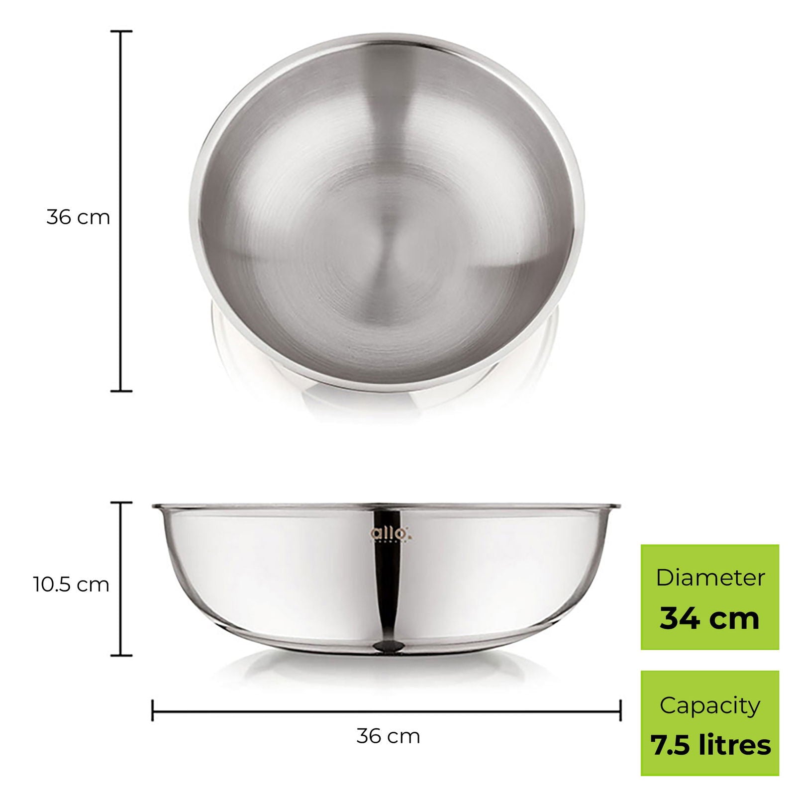 7.5L Allo CookSafe TriPly Tasla | Stainless Steel | Induction Friendly | 34 cm - Allo Innoware