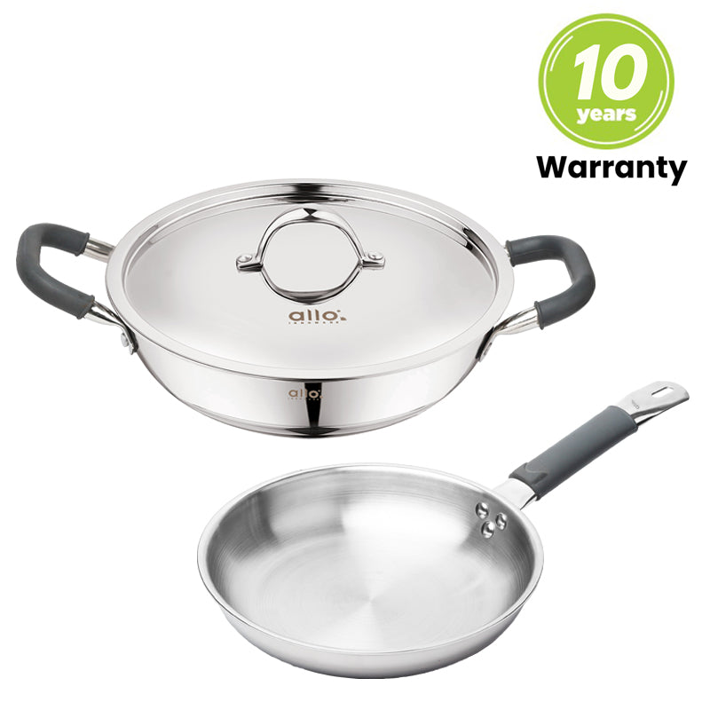 Allo CookSafe TriPly Stainless Steel Kadhai & Frypan 2pcs Combo Set of 2.7 Litres Kadhai with Lid and 1.5 litres Frypan without Lid - Induction Friendly - Naturally Non-Stick, 24Cm & 22Cm