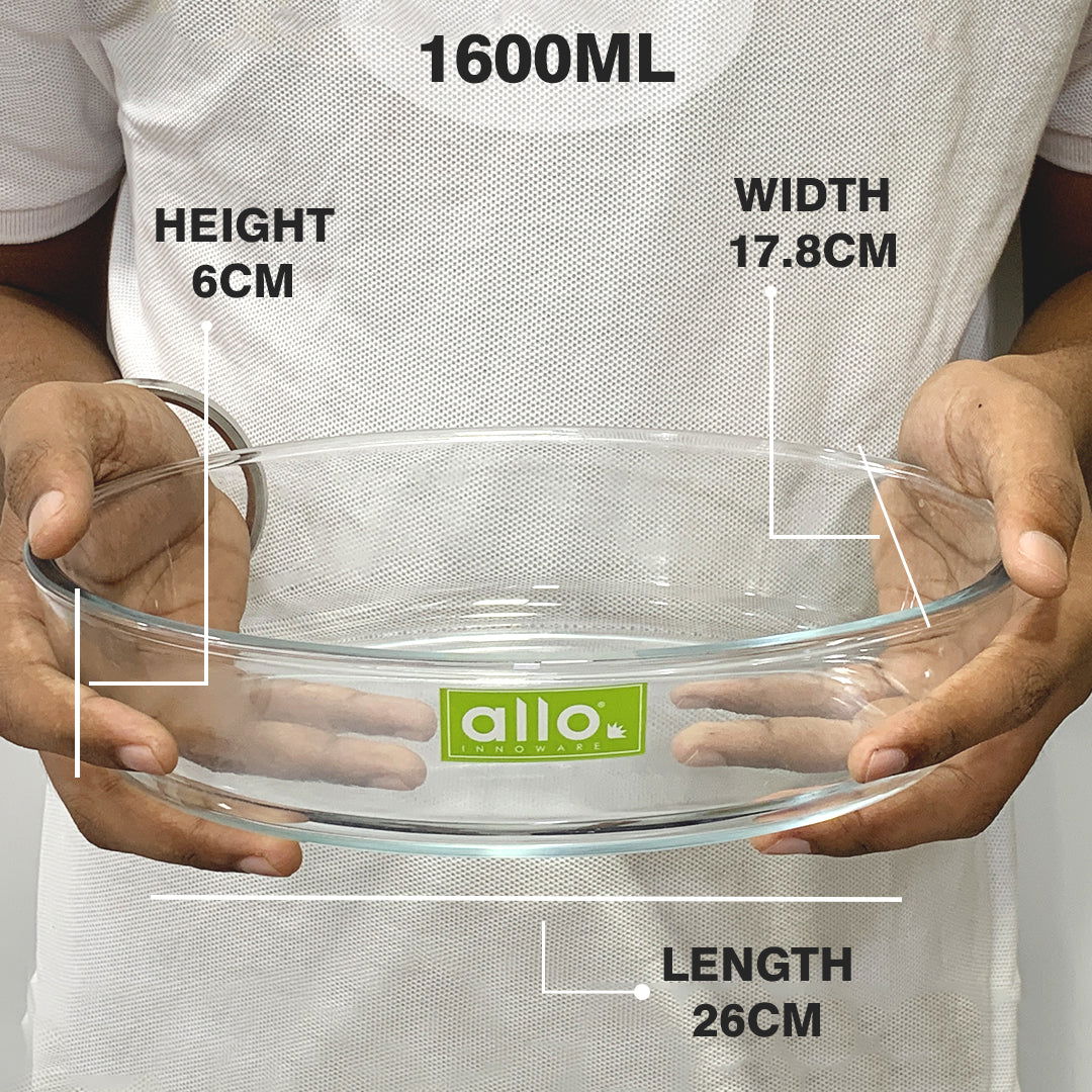 Allo Borosilcate Oval Glass Baking Dish, Baking Tray, Oven and Microwave Safe, 1600ml, Transparent - Allo Innoware