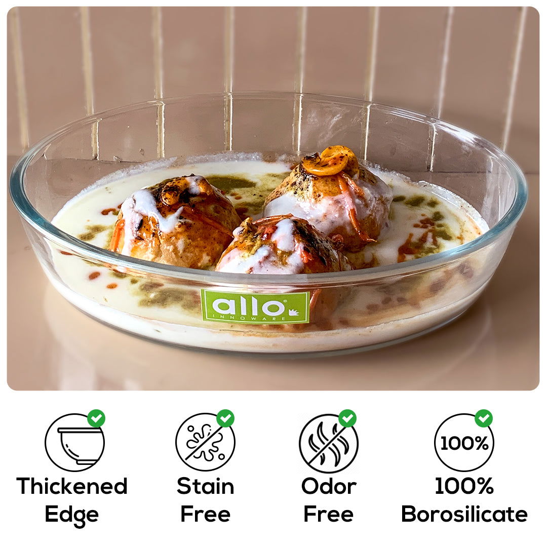 Allo Borosilcate Oval Glass Baking Dish, Baking Tray, Oven and Microwave Safe, 700ml, Transparent - Allo Innoware