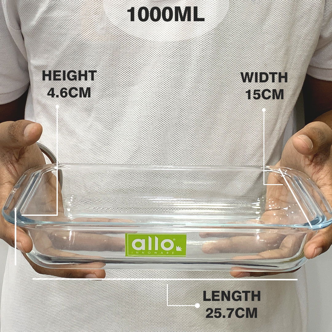 Allo Borosilcate Rectangle Glass Baking Dish, Baking Tray, Oven and Microwave Safe, 1000ml, Transparent - Allo Innoware