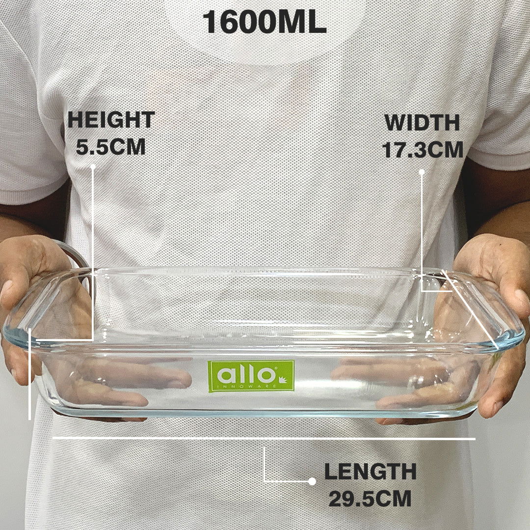 Allo Borosilcate Rectangle Glass Baking Dish, Baking Tray, Oven and Microwave Safe, 1600ml, Transparent - Allo Innoware