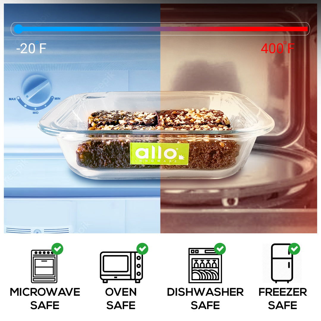 Allo Borosilcate Rectangle Glass Baking Dish, Baking Tray, Oven and Microwave Safe, Set of 2 1000ml,1600ml  Transparent - Allo Innoware