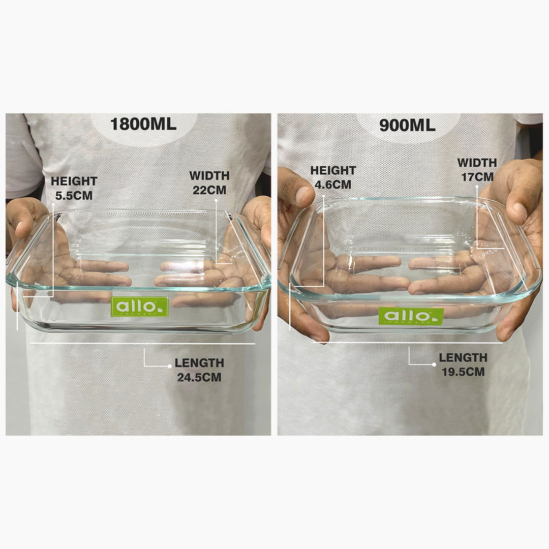 Allo Borosilcate Rectangle Glass Baking Dish, Baking Tray, Oven and Microwave Safe, Set of 2 1000ml,1600ml  Transparent - Allo Innoware