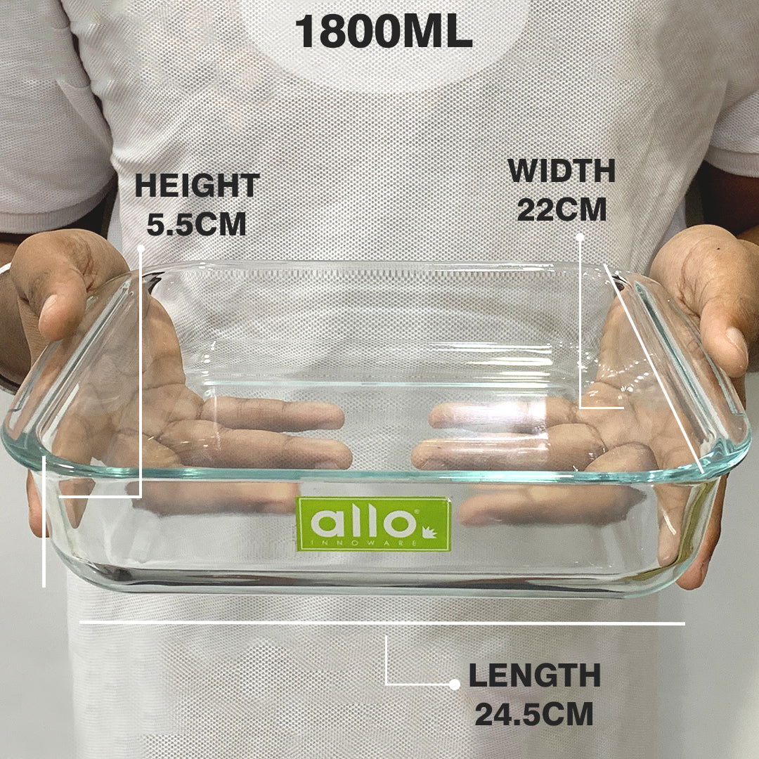 Allo Borosilcate Square Glass Baking Dish, Baking Tray, Oven and Microwave Safe, 1800ml, Transparent - Allo Innoware