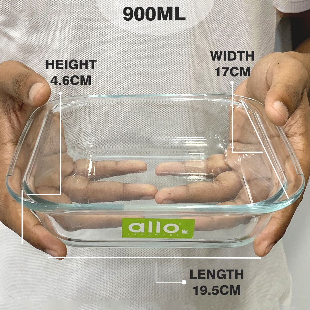 Allo Borosilcate Square Glass Baking Dish, Baking Tray, Oven and Microwave Safe, 900ml, Transparent - Allo Innoware