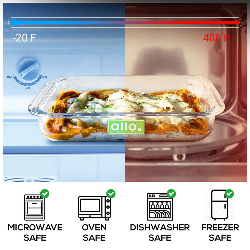 Allo Borosilcate Square Glass Baking Dish, Baking Tray, Oven and Microwave Safe, Set of 900ml, 1800ml, Transparent