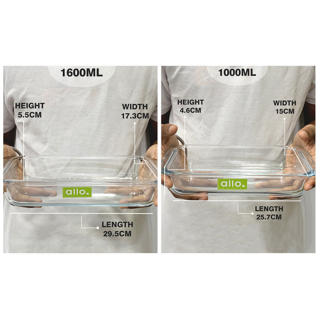 Allo Borosilcate Square Glass Baking Dish, Baking Tray, Oven and Microwave Safe, Set of  2 900ml, 1800ml, Transparent - Allo Innoware