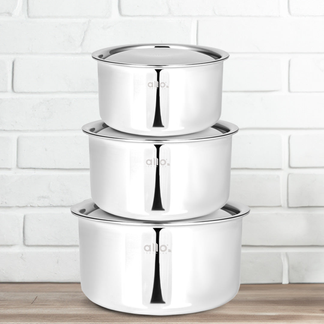Allo CookSafeTriPly Stainless Steel Tope 3pcs Combo Set of - 1.7, 2.7 & 3.8 Litre with Stainless Steel Lid - Induction Friendly - Naturally Non-Stick, 16Cm, 18Cm & 20Cm - Allo Innoware