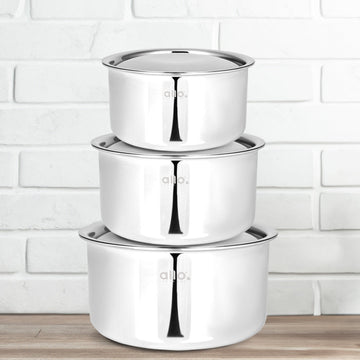 Allo CookSafeTriPly Stainless Steel Tope 3pcs Combo Set of - 1.7, 2.7 & 3.8 Litre with Stainless Steel Lid - Induction Friendly - Naturally Non-Stick, 16Cm, 18Cm & 20Cm - Allo Innoware